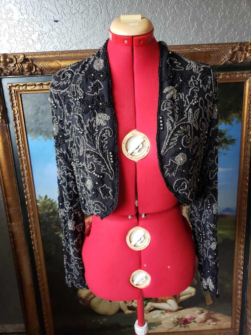 Adrianna Papell Black Cropped Beaded Blazer with Silver Embroidery